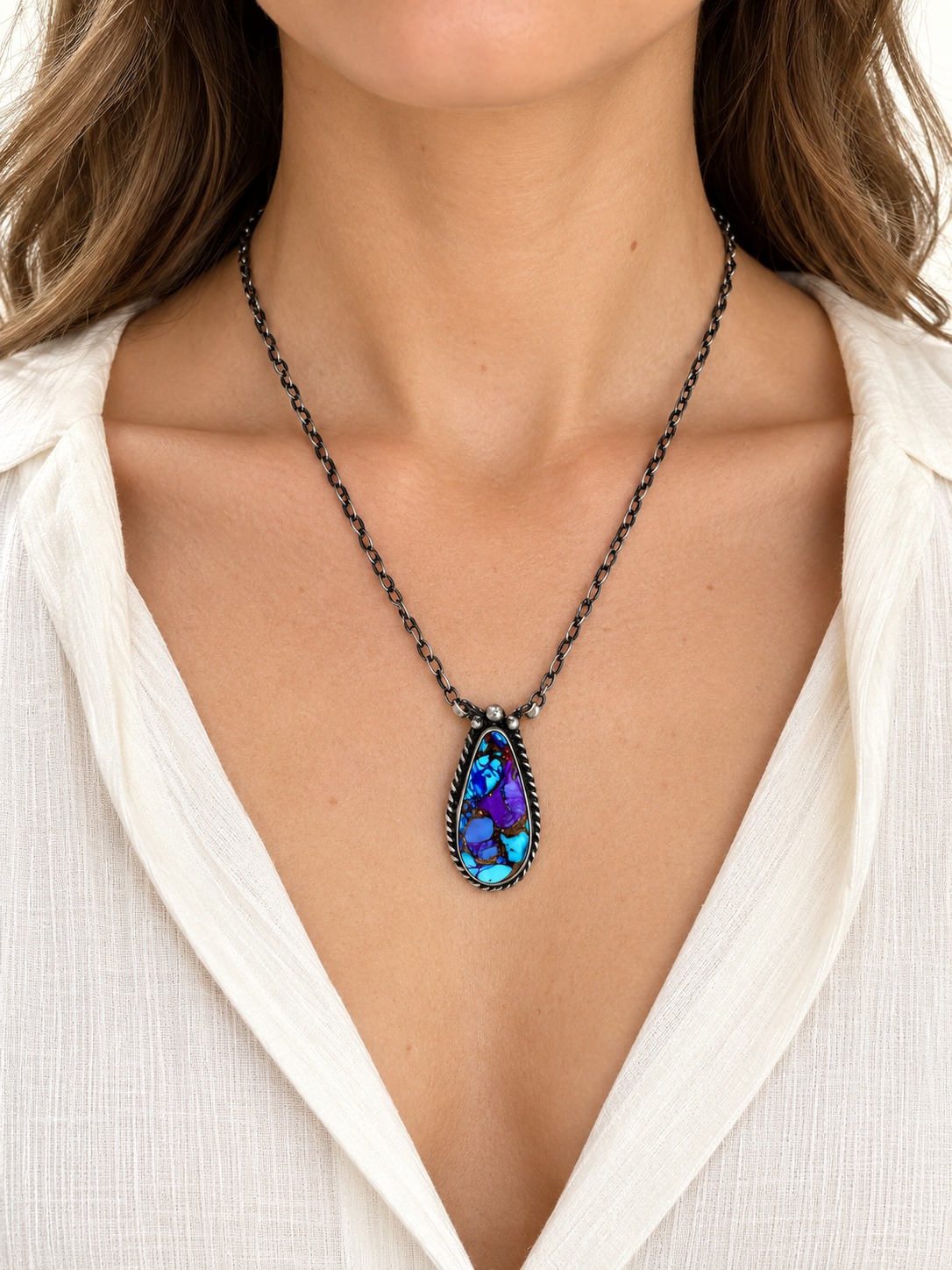 Sterling Silver & Purple Mojave Turquoise Pendant Necklace, worn