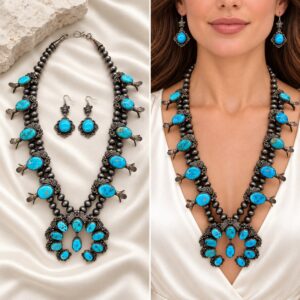 Sterling Silver & Sleeping Beauty Turquoise Squash Blossom Necklace & Earrings Set