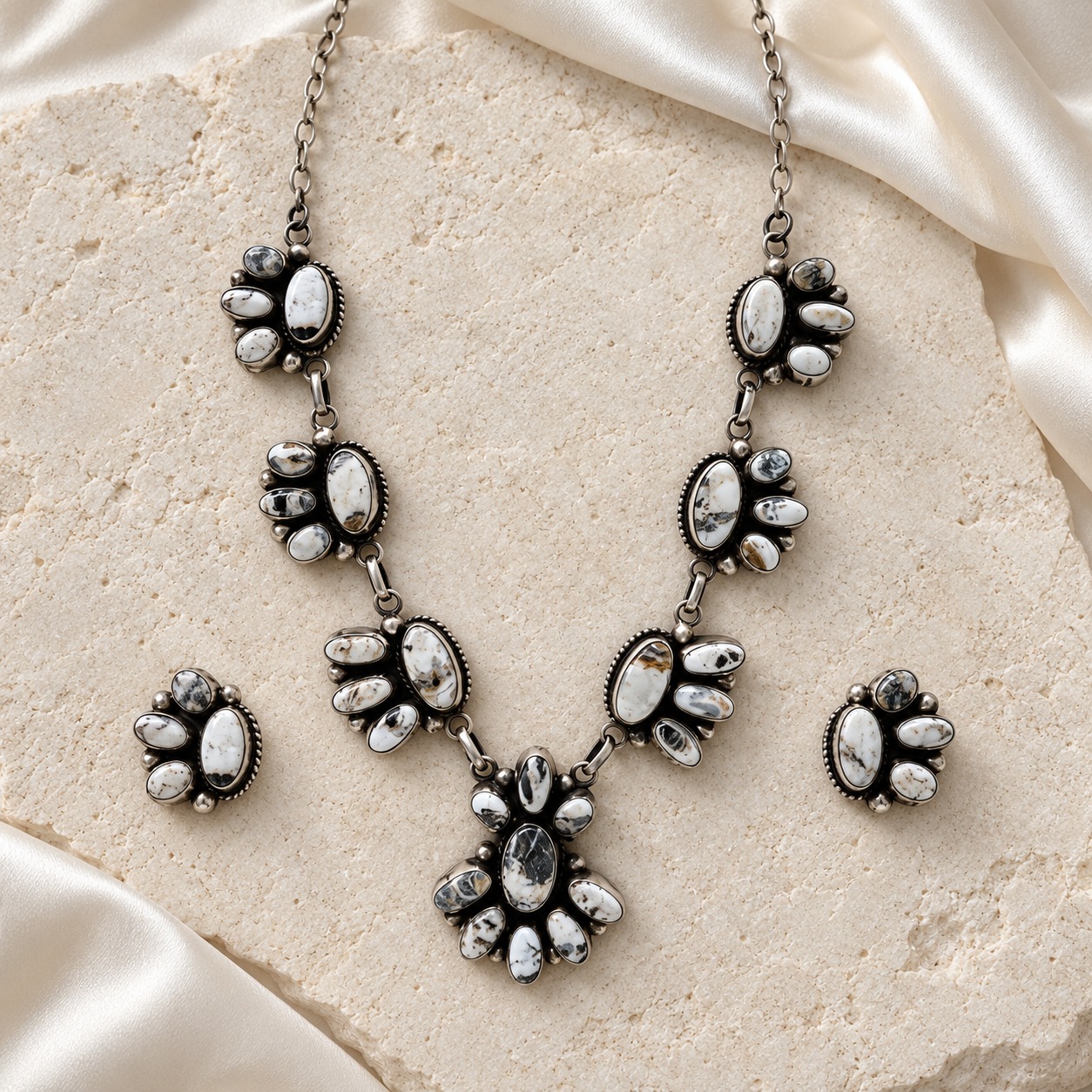 Sterling Silver & White Buffalo 7 Station Necklace & Earrings Set