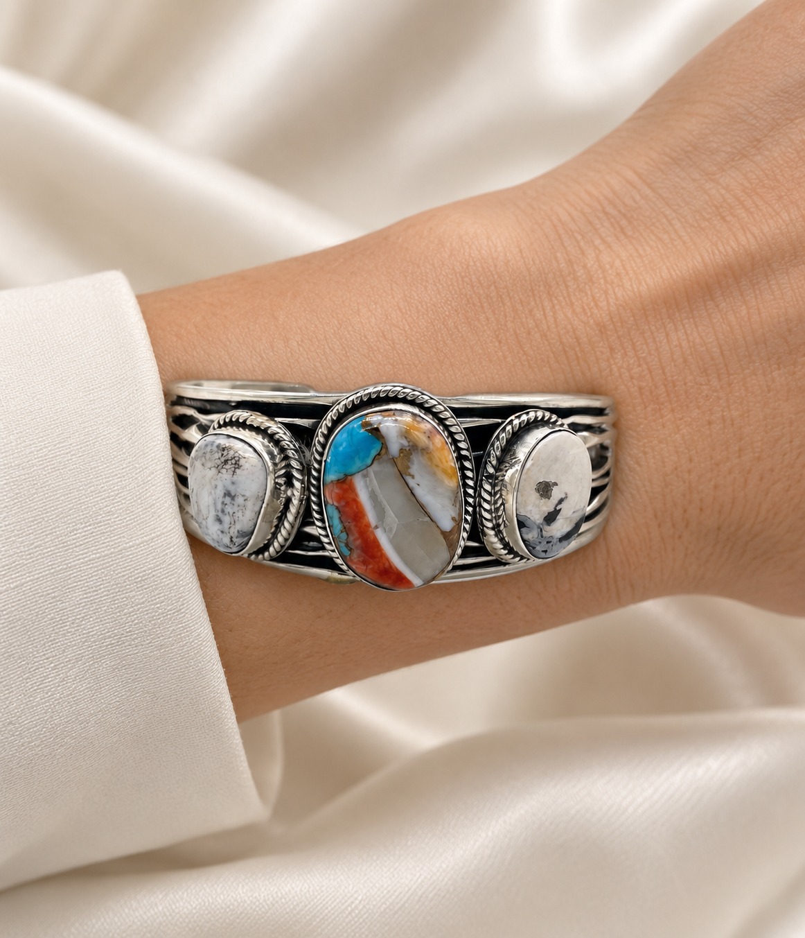 White Buffalo And Multicolor Turquoise On Sterling Silver Cuff Bracelet, worn